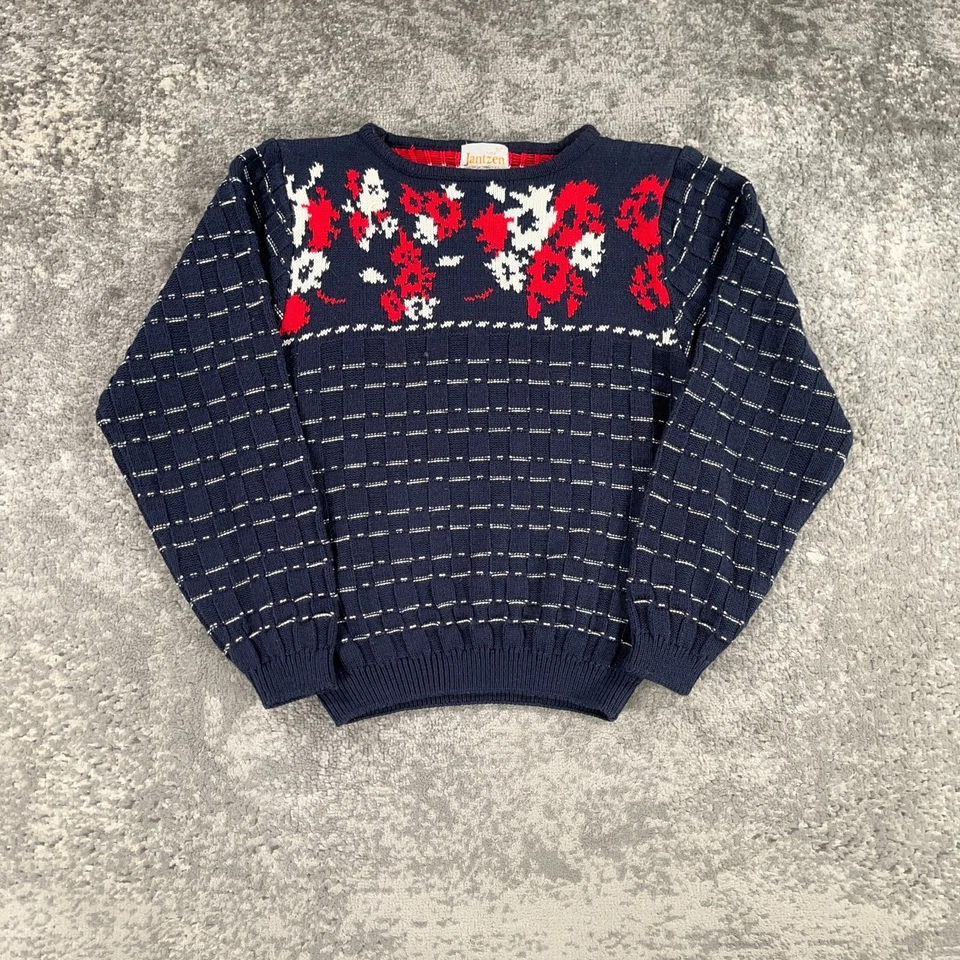 Suéter Jantzen Vintage Mujer Medio Azul Rojo Floral Tejido Años 70 Acrílico Pullover Foto 1 de 4