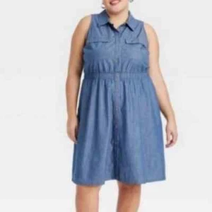 NWT Ava & Viv Dark Denim Sleeveless Shirt Dress Size 2X - Picture 1 of 10