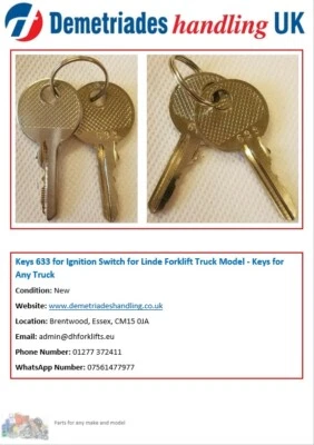 Keys 633 for Ignition Switch for Linde Forklift Truck Model - Keys for Any Truck