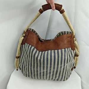 Vintage GAP 1969 Tote Shoulder Bag Brown Leather Blue Stripe Canvas - Picture 1 of 16