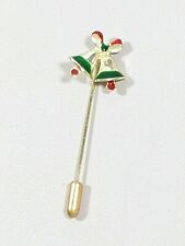 Vintage Gold Tone Red Green Christmas Bells Small Stick Pin