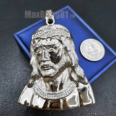 Stainless Steel Large Portrait Jesus Cubic Zirconia Charm Pendant Religious S-97 - Image 1 of 3