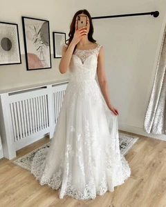 NEW Size UK 8 Ivory High Neck Lace Sparkle Beaded A-line Lace Wedding Dress - Picture 1 of 5