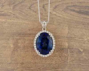3.50Ct Oval Cut Lab Created Blue Sapphire Women's Pendant 14K White Gold Plated - Picture 1 of 2