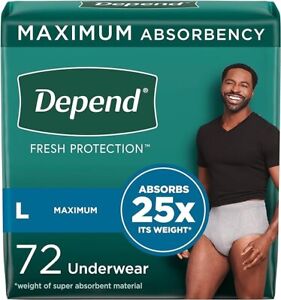 Depend Fresh Protection Adult Incontinence Underwear for Men L 72 Count,Grey