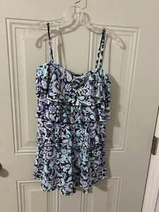 Fit 4 U Swimsuit Swim Dress Size 14 One Piece Paisley Black Purple Teal P64 - Picture 1 of 9