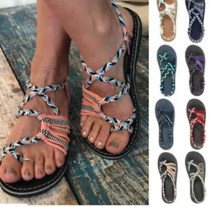 Sandalias bohemias para mujer tanga punta abierta damas verano tiras planas zapatos cómodos - Imagen 1 de 11