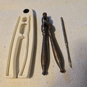 (3)Nut Preparing Tools 1 Pick 2 Walnut Crackers 2 Vintage Metal Patina Filbert - Picture 1 of 2