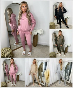 Womens Ruched Arm Ladies Long Sleeve Plain Loungewear Set Casual Comfy Tracksuit - Picture 1 of 13