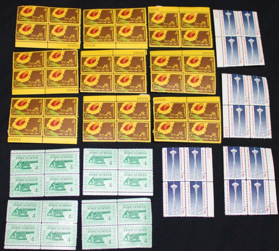 17 BLOCKS OF 4 (68 x 4 CENT U.S. POSTAGE STAMPS) KANSAS - CIVIL WAR SEATTLE FAIR - Image 1 of 1