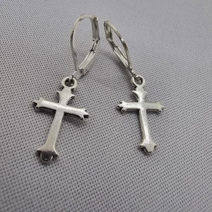 925 Religious Cross Drop Earrings Dangle Cute Silver Plated Leverback Gift - Picture 1 of 4