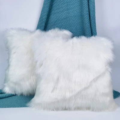 2 Fluffy Throw Pillow Cover Covered by White Long Hair for Couch Sofa Bed Dec... - Image 1 of 4