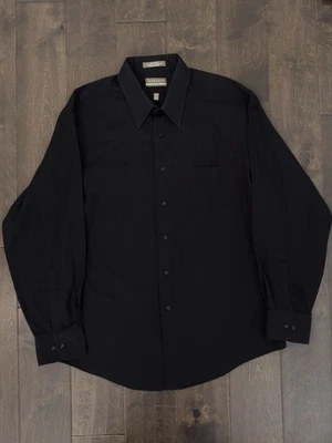 Van Heusen 修身男式 17/XL 码黑色缎面条纹纽扣衬衫长袖 — 第 1/4 张图片