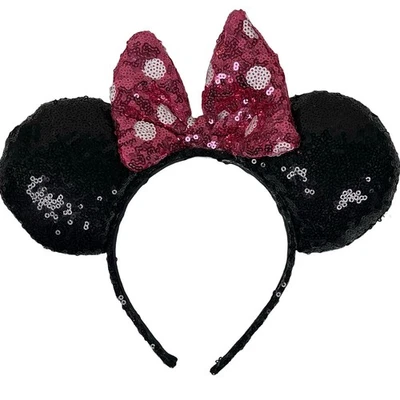 Disney Minnie Mouse Sequin Ears Headband Black Pink Polka Dot Bow Classic - Image 1 of 4