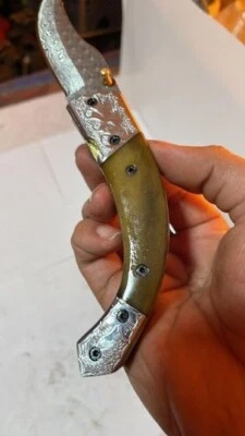 4" Damascus Pocket Knife w/ Engraved Handle Custom Hunting Fold Knife - Image 1 of 4