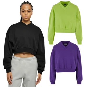 Urban Classics Ladies Cropped V-Neck Damen Pullover Fleece Oversize bauchfrei - Picture 1 of 41