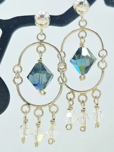 Sterling Blue Austrian Crystal Dangle Post Earrings Made By Me. USA. w/gift Box - Picture 1 of 7