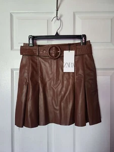 ZARA Women's Size SMALL Pleated Skirt With Belt Faux Leather Brown New NWT tan - Picture 1 of 5