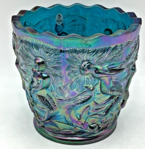 FENTON MERMAID IRIDESCENT CARNIVAL BLUE GLASS ICE BUCKET VASE PLANTER 6.5" TALL - Picture 1 of 9