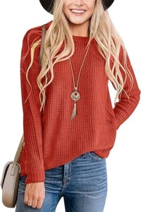 MEROKEETY Women's Long Sleeve Waffle Knit Sweater Crew Neck Solid Color Pullover - Picture 1 of 5