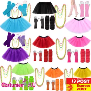 Ladies 1980s Tutu Skirt Fishnet Gloves Leg Warmers Necklace 80s Neon Costume - Picture 1 of 62