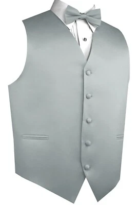 Men's Platinum Satin Tuxedo Vest & Bow-Tie Set. Formal, Dress, Wedding, Prom  - Image 1 of 3