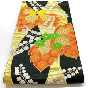 3355# Japanese Vintage Fukuro Obi Belt Kimono Fabric Silk Traditional Black - Picture 1 of 7