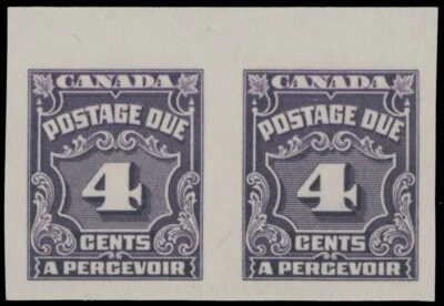 1935, CANADA, POSTAGE DUE 4C, TOP MARGIN HORIZ IMPERFORATE PAIR, NH, UN.#J17a - Image 1 of 2