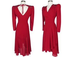 Vintage 80s 40s Red Wrap Beaded Sequin Long Sleeve Draped Cocktail Party Dress S - Picture 1 of 17