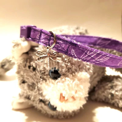 "New" Dragonfly Design On Purple w/Charm Cat Collar Handmade, Breakaway Buckle - Image 1 of 4