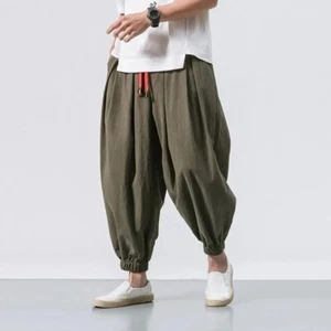 Trendy Men’s Harem Pants Loose Cotton Linen Jogger Sweatpants Casual Trousers - Picture 1 of 27