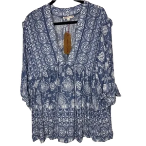 Rose & Thyme Blue Cream Boho Deep V Size Medium Top Blouse NWT - Picture 1 of 7
