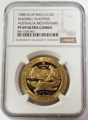 1988 GOLD ISLE OF MAN 1/2 CROWN PLATYPUS AUSTRALIA BICENTENARY NGC PF 69 UC - Image 1 of 2