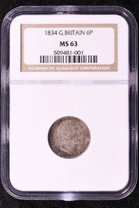 1834 Great Britain Silver 6 Pence King William IV KM#709 NGC MS-63 - Picture 1 of 4