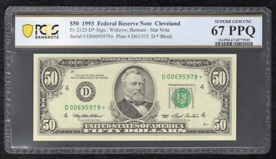 FR. 2125-D* 1993 $50 *STAR* FRN CLEVELAND, OH PCGS BANKNOTE GEM UNC-67PPQ (X) - Image 1 of 2