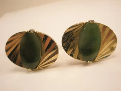 Gemelos SWANK vintage elipse ovoide de piedra de jade verde genuina y tono dorado Foto 1 de 4
