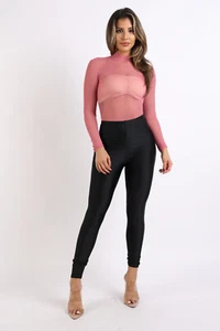 Women's Sexy Long Sleeve Mesh Bodysuit Mock Neck See-Through Simple Basic Top - Picture 1 of 36