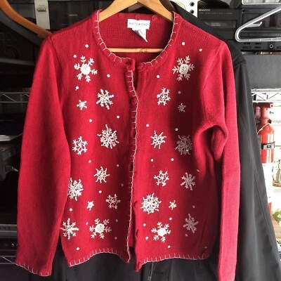 Suéter de Navidad rojo con cuentas y lentejuelas ciervo blanco para mujer Foto 1 de 4