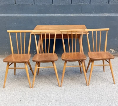 Vintage Ercol All-Purpose Dining Table & 4 Chairs Set Solid Elm Blonde c.1960s - Image 1 of 4