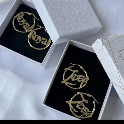 Custom Name Hoop Earrings Personalized Stainless Steel Letter Design 60mm - Image 1 of 4