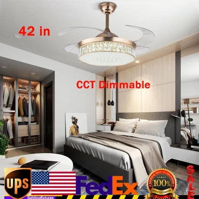 42'' Retractable Ceiling Fan Light LED Dimmable Crystal Chandelier + Remote New - Image 1 of 4
