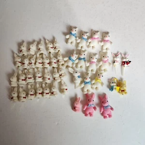 Lot Vintage Mini Flocked Craft Bunny Rabbit Pink & White Taiwan Easter Figures - Picture 1 of 11