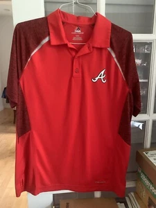 Mens Majestic Cool Base Red Athletic Golf Polo Shirt Size Large L Atlanta Braves - Picture 1 of 6