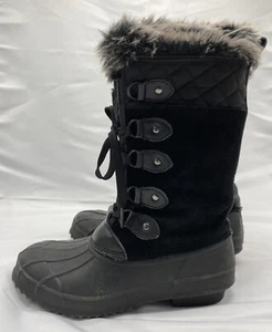 Khombu Women's Black Suede Faux Fur Lined Lace Up Winter Boots Sz 6 - Picture 1 of 7