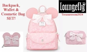 LOUNGEFLY Disney Minnie Mouse Debossed Bows Wallet Makeup Bag Mini Backpack SET! - Picture 1 of 14