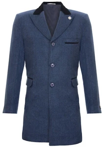 Mens 3/4 Long Navy Crombie Overcoat Jacket Herringbone Tweed Coat Peaky Blinder - Picture 1 of 5