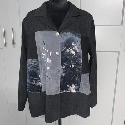 Vtg Notations Woman 1X Floral Jacquard Patchwork Button Up Jacket Artsy Black - Image 1 of 4