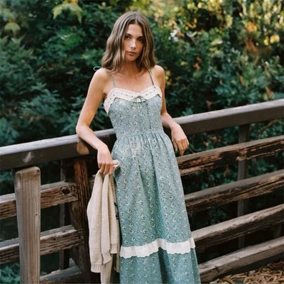 Vestido CHRISTY DAWN Verde Azulado Enrejado Emma Floral En Niveles Cabaña Extendido Talla Grande 1X Foto 1 de 4