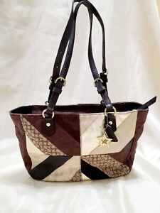 Coach Women Purse Chevron Patchwork Leather Handbags Gallery Tote Brown/Gold
