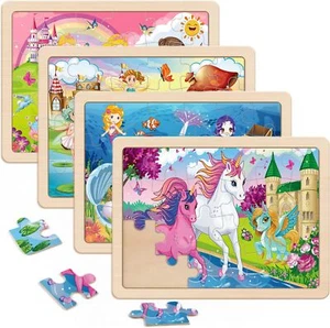 Wooden Puzzles for Kids Ages 4-6 4 Packs 24 PCs Unicorn Mermaid Princess - Picture 1 of 7